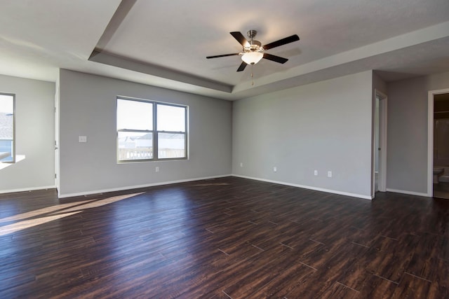 unfurnished room with a raised ceiling, plenty of natural light, and dark wood-type flooring