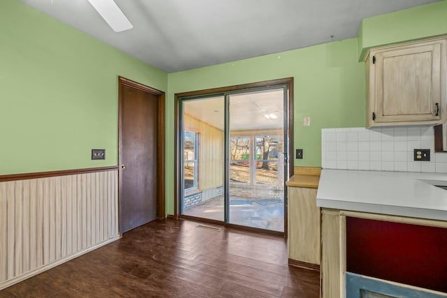 kitchen with dark hardwood / wood-style floors, decorative backsplash, and light brown cabinets