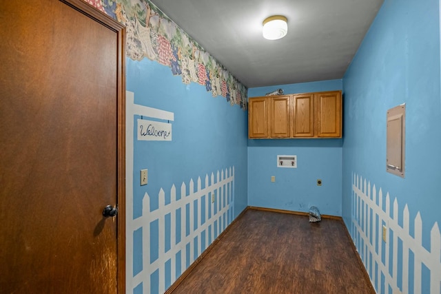 laundry room featuring cabinets, washer hookup, dark hardwood / wood-style floors, and electric dryer hookup