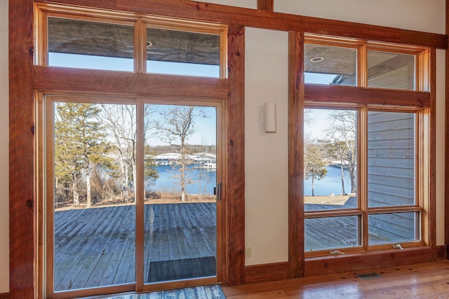 doorway to outside featuring a wealth of natural light, wood-type flooring, and a water view