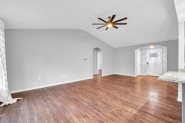 1989 Crawford St, West Plains, MO 65775 - unfurnished living room featuring lofted ceiling, hardwood / wood-style floors, and ceiling fan
