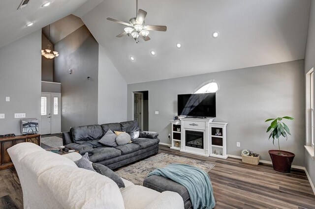 21 Meadow Brook Ln, Anderson, MO 64831 - living room with ceiling fan, dark hardwood / wood-style floors, and high vaulted ceiling