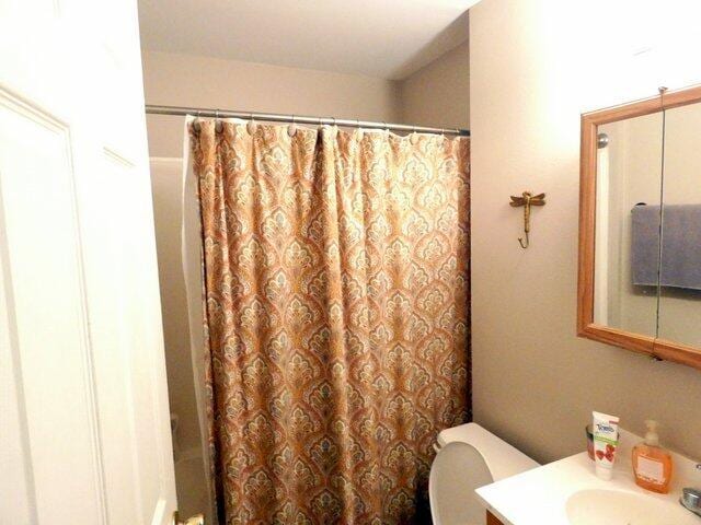 bathroom with a shower with curtain, vanity, and toilet