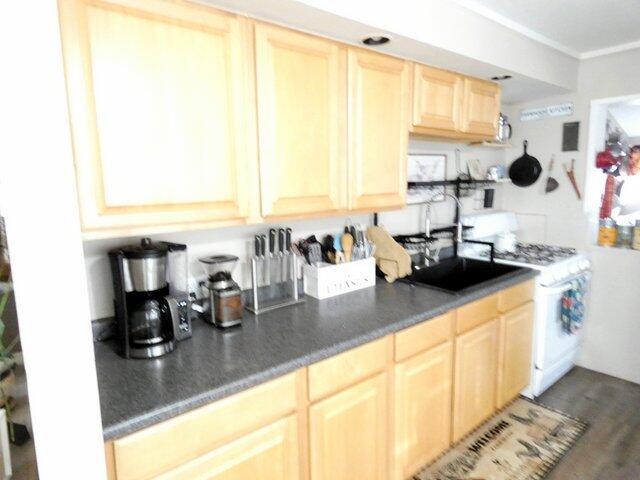 kitchen featuring dark hardwood / wood-style flooring, light brown cabinetry, and gas range gas stove