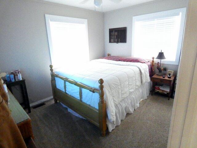 carpeted bedroom with ceiling fan