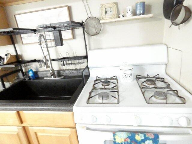 kitchen with light brown cabinetry and gas range gas stove