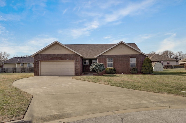 ranch-style house with a garage and a front lawn