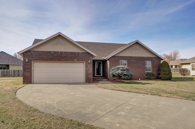 single story home featuring a garage and a front lawn