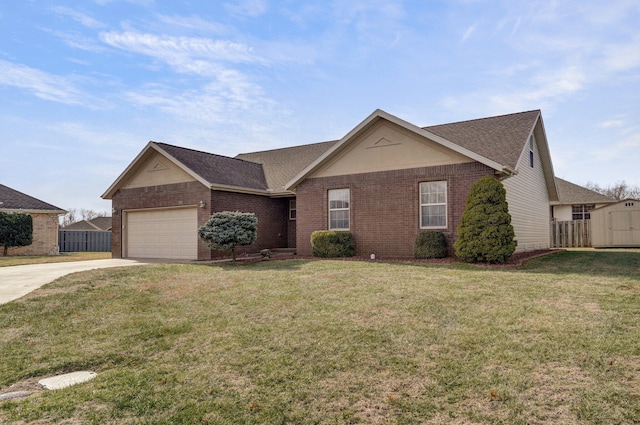 ranch-style home featuring a garage and a front yard