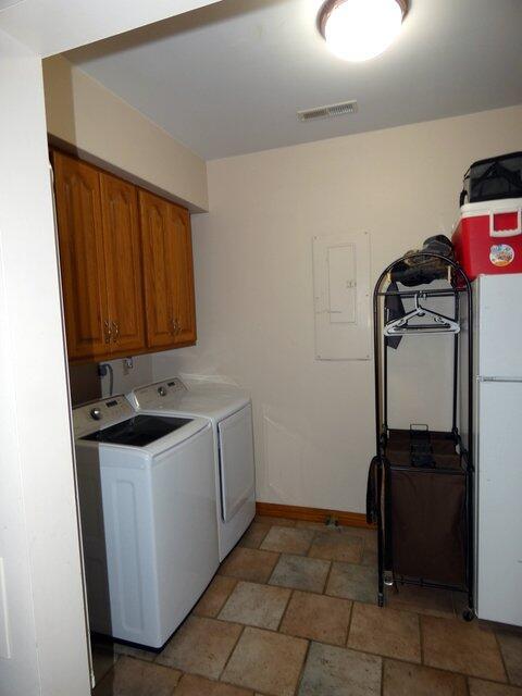 washroom featuring cabinets, electric panel, and washer and clothes dryer