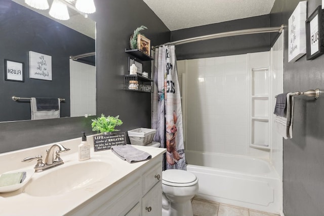 full bathroom featuring shower / tub combo, tile patterned flooring, vanity, a textured ceiling, and toilet