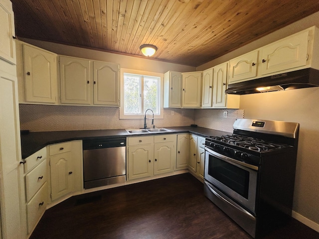 kitchen with appliances with stainless steel finishes, dark hardwood / wood-style floors, tasteful backsplash, sink, and wooden ceiling