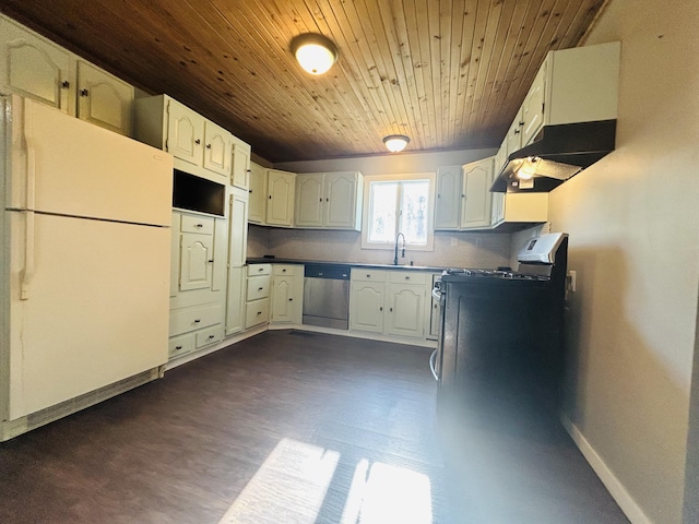 kitchen featuring white cabinets, stainless steel appliances, sink, and wooden ceiling