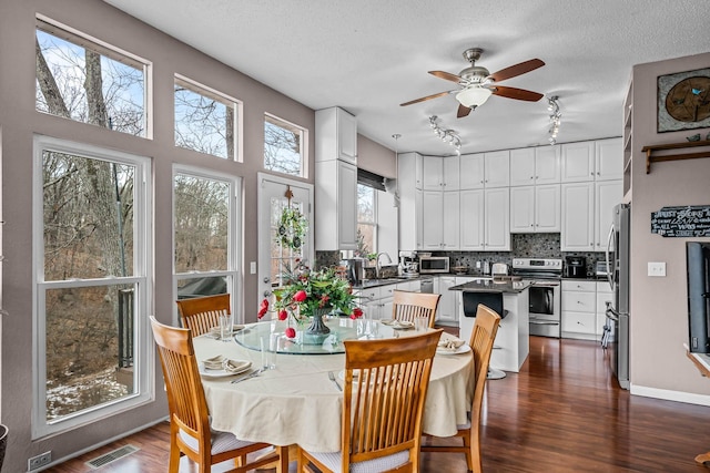 dining area featuring ceiling fan, dark wood-type flooring, sink, and a textured ceiling