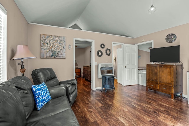 living room featuring vaulted ceiling, dark wood-type flooring, and heating unit