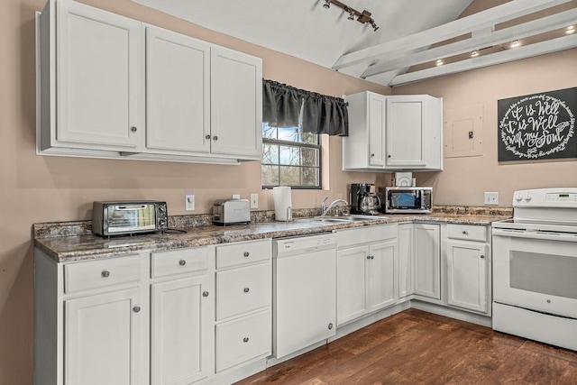 kitchen with lofted ceiling, sink, white appliances, white cabinetry, and dark hardwood / wood-style flooring