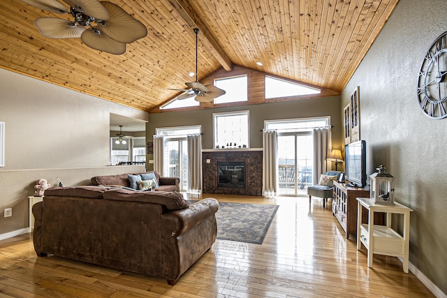 living room featuring light hardwood / wood-style flooring, ceiling fan, a fireplace, wooden ceiling, and beamed ceiling