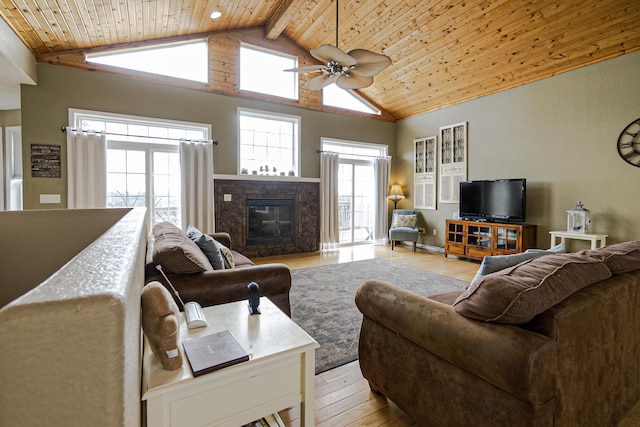 living room featuring beam ceiling, wood ceiling, and light hardwood / wood-style flooring