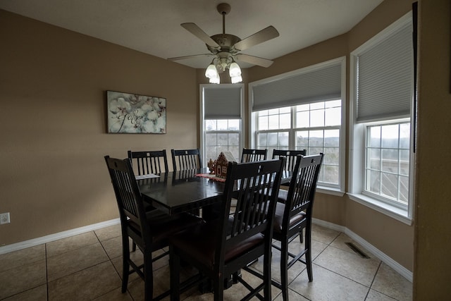 dining space featuring ceiling fan and light tile patterned flooring