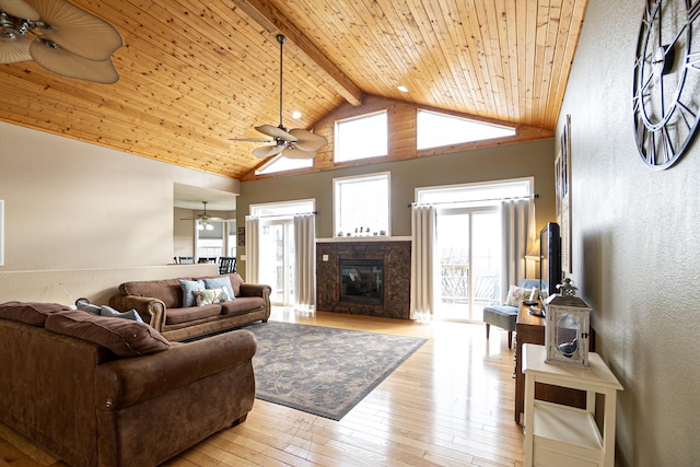 living room featuring wood ceiling, high vaulted ceiling, light hardwood / wood-style flooring, a high end fireplace, and beam ceiling