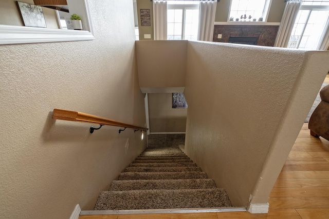 stairway featuring wood-type flooring, a fireplace, and a healthy amount of sunlight