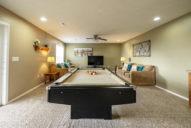 recreation room with pool table, ceiling fan, and carpet