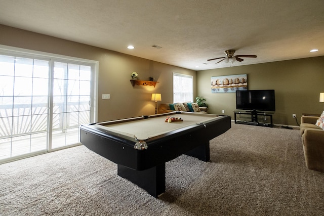 playroom featuring ceiling fan, pool table, a textured ceiling, and carpet flooring