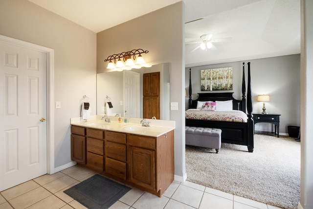 bathroom with vanity, tile patterned floors, and ceiling fan