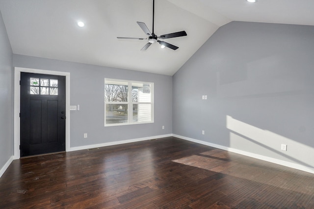 foyer with a ceiling fan, baseboards, lofted ceiling, recessed lighting, and dark wood-style flooring