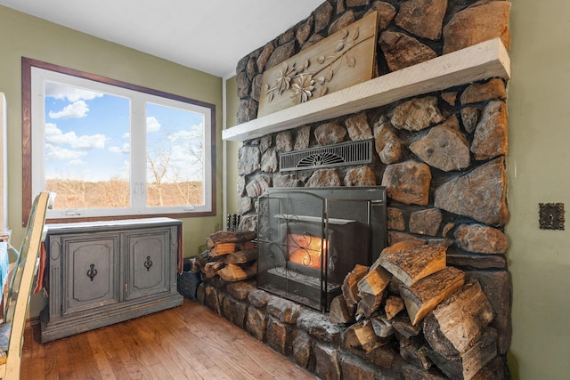 details with wood-type flooring and a stone fireplace