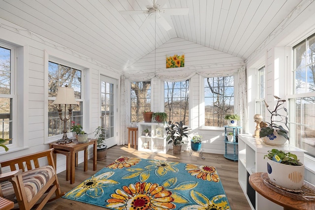 sunroom / solarium with ceiling fan, lofted ceiling, and a wealth of natural light