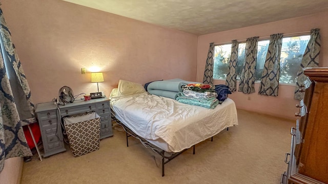 bedroom with light colored carpet