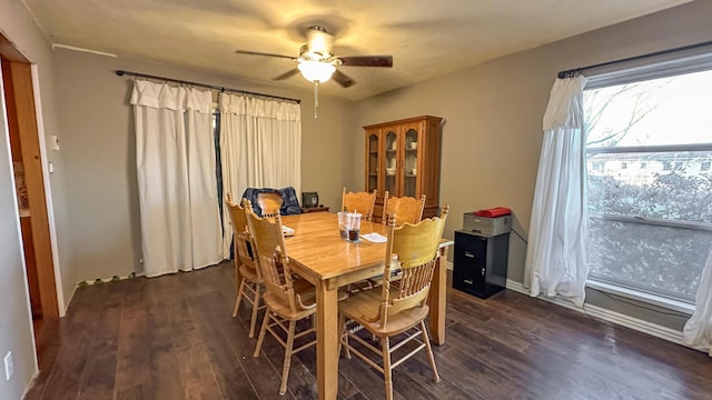 dining room featuring dark hardwood / wood-style flooring and ceiling fan