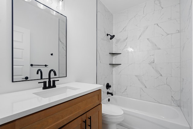 full bathroom with tiled shower / bath combo, vanity, and toilet