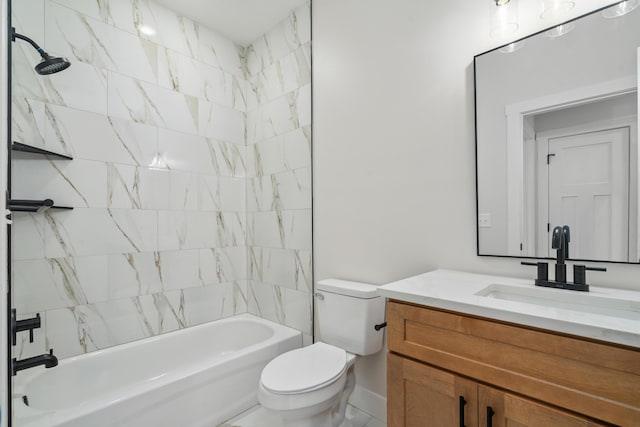 full bathroom featuring tiled shower / bath combo, toilet, and vanity