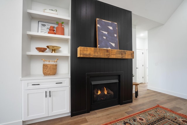 details featuring a large fireplace, built in features, baseboards, and wood finished floors
