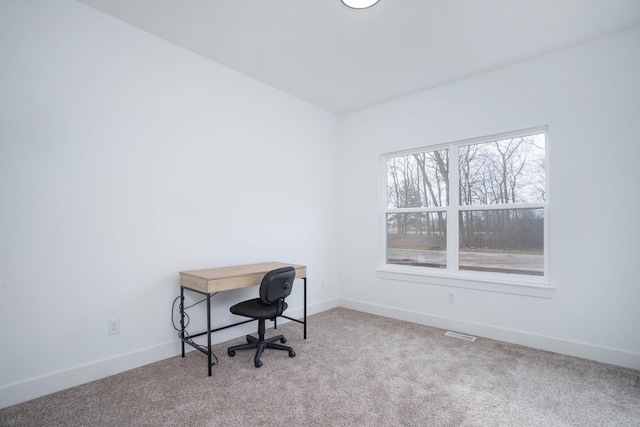 office with baseboards, carpet flooring, and visible vents