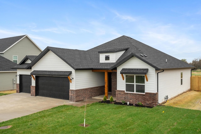 modern farmhouse featuring driveway, a shingled roof, a garage, and brick siding
