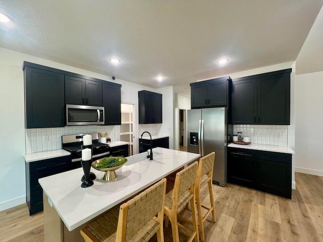 kitchen featuring sink, light wood-type flooring, stainless steel appliances, a kitchen island with sink, and backsplash