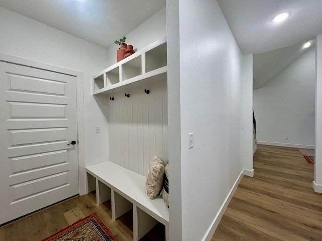 mudroom with hardwood / wood-style floors
