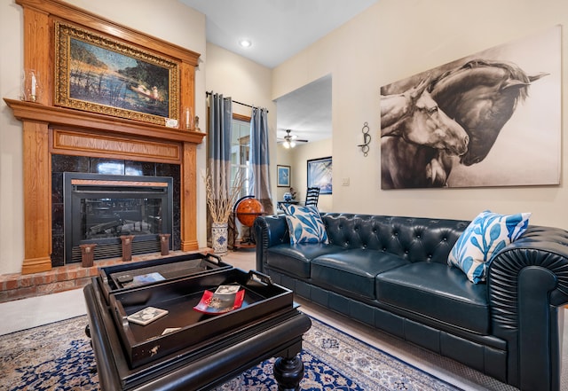 living room featuring ceiling fan