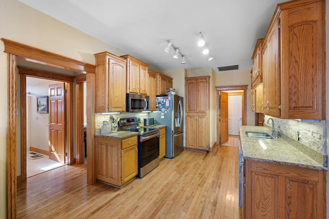 kitchen featuring light wood-type flooring, stainless steel appliances, sink, and backsplash