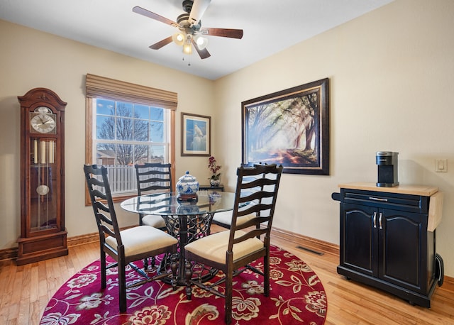 dining room with ceiling fan and light hardwood / wood-style flooring