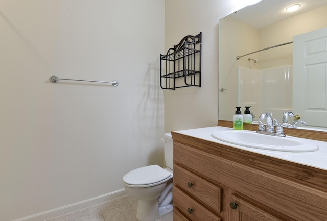 bathroom with vanity, walk in shower, tile patterned floors, and toilet