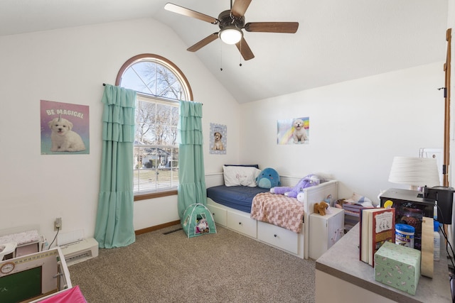 carpeted bedroom with lofted ceiling and ceiling fan