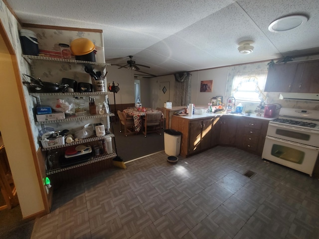 kitchen with range with two ovens, sink, ceiling fan, and wood walls