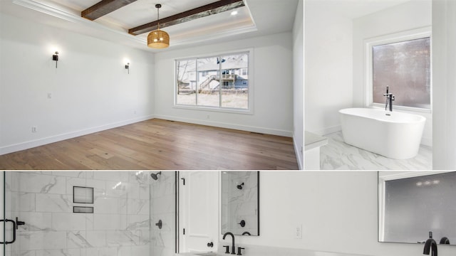 bathroom featuring sink, beam ceiling, a raised ceiling, and plus walk in shower