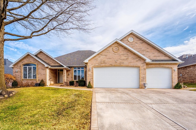 view of front of home featuring a garage, a front yard, and central AC unit