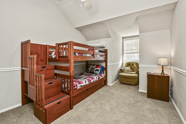 carpeted bedroom featuring vaulted ceiling, a wall unit AC, and ceiling fan