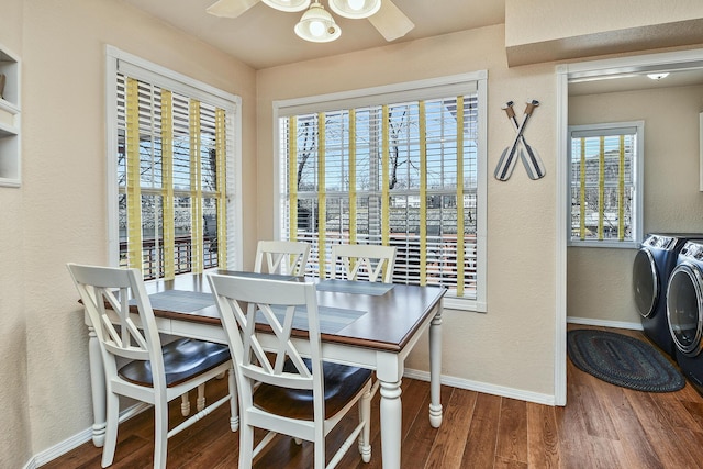 dining area featuring ceiling fan, independent washer and dryer, and dark hardwood / wood-style floors